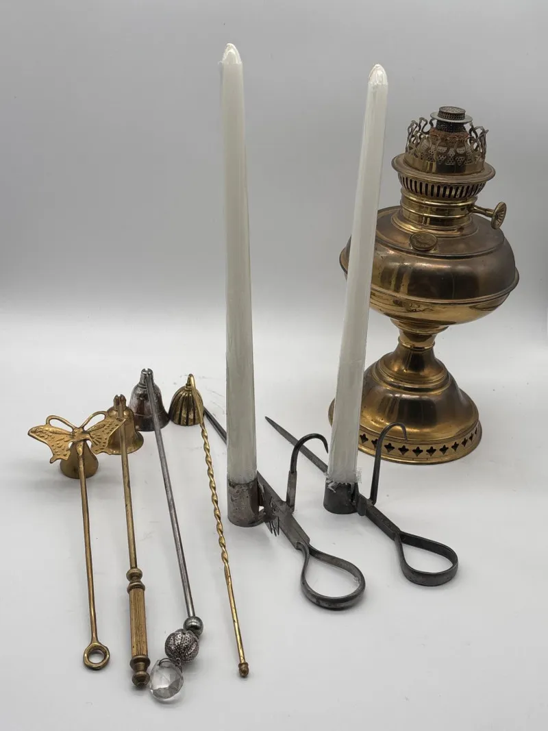 Primitive Lighting Collection w/ Oil Lamp, Miner's Candle Holders - Newcastle Estate Collection - STERLING SILVER, GOLD TEETH, Antiques & Collectibles | Ocean Bid Auction