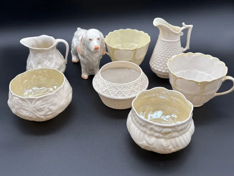 *tea cup saucers added* Belleek with Spaniel, Bowls & Pitcher lot 3 - Newcastle Estate Collection - STERLING SILVER, GOLD TEETH, Antiques & Collectibles | Ocean Bid Auction