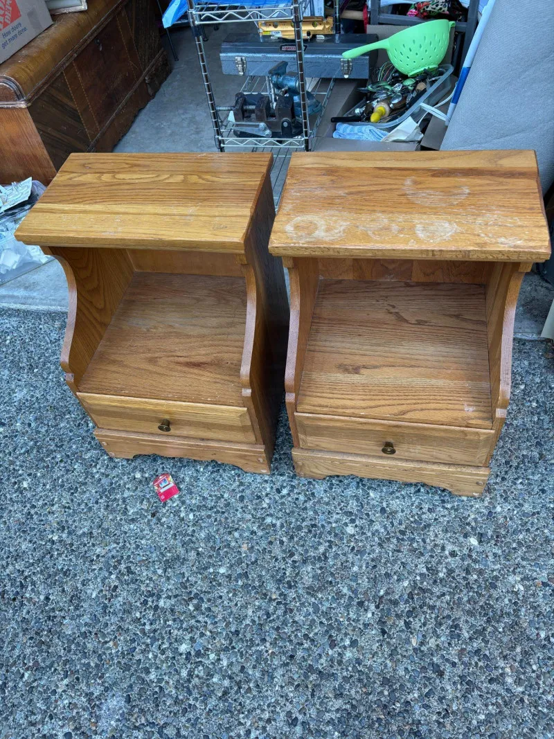 Pair of Oak Nightstands – Great Refinish or Restoration Project - Newcastle Estate Collection - STERLING SILVER, GOLD TEETH, Antiques & Collectibles | Ocean Bid Auction