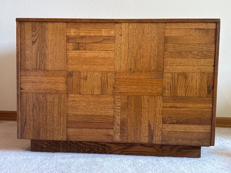 Vintage Oak Parquet Wood Side Table with Plinth Base Mid Century - Newcastle Estate Collection - STERLING SILVER, GOLD TEETH, Antiques & Collectibles | Ocean Bid Auction