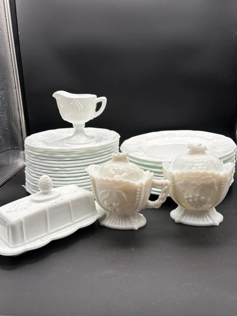 Westmoreland Paneled Grape Milk Glass Dinnerware & Serving Lot - Newcastle Estate Collection - STERLING SILVER, GOLD TEETH, Antiques & Collectibles | Ocean Bid Auction