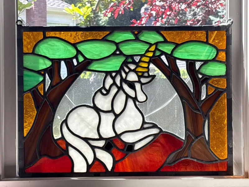 Handcrafted Stained Glass Unicorn Window Panel Suncatcher - Newcastle Estate Collection - STERLING SILVER, GOLD TEETH, Antiques & Collectibles | Ocean Bid Auction
