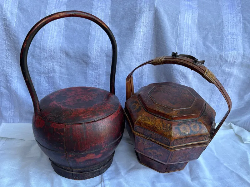 Antique Chinese Wedding Basket & Lacquered Rice Basket Pair - Newcastle Estate Collection - STERLING SILVER, GOLD TEETH, Antiques & Collectibles | Ocean Bid Auction