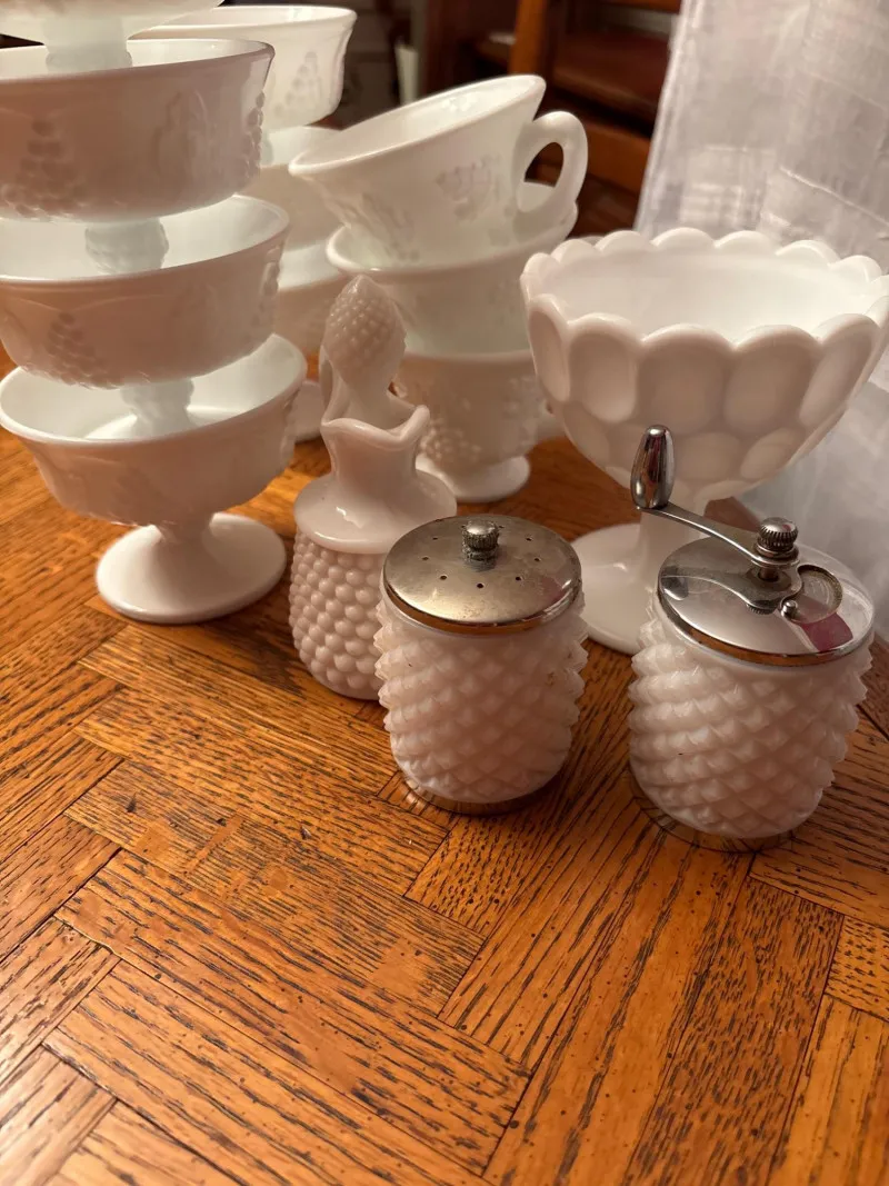 Vintage Milk Glass Collection w/ Dessert Cups, Candy Dish & Cruets - Newcastle Estate Collection - STERLING SILVER, GOLD TEETH, Antiques & Collectibles | Ocean Bid Auction