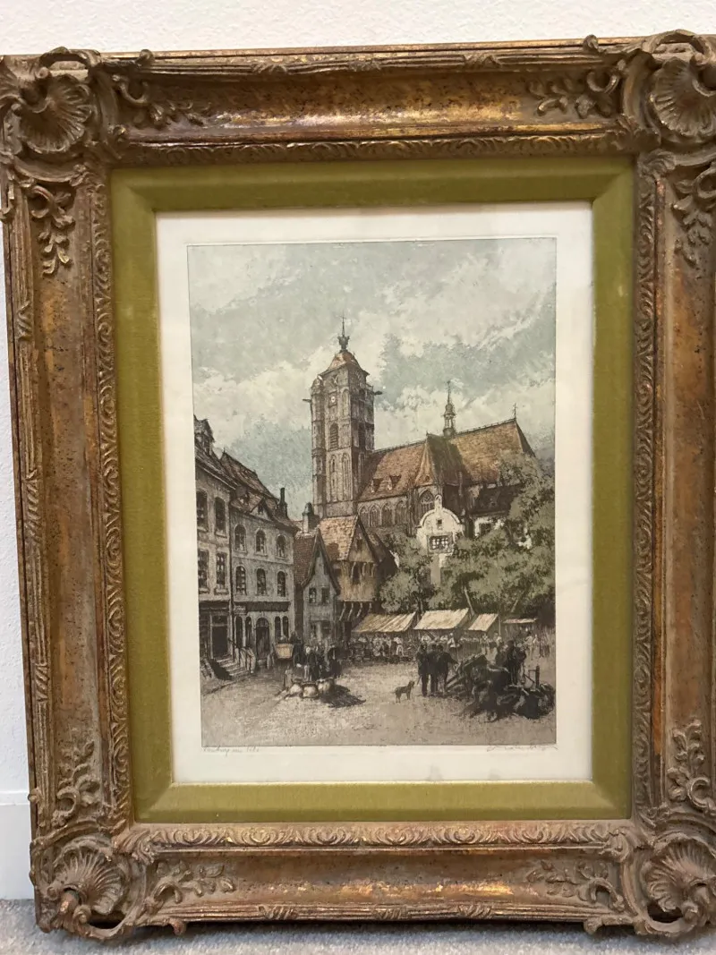 Alpine Village Market Scene - Vintage Print - Newcastle Estate Collection - STERLING SILVER, GOLD TEETH, Antiques & Collectibles | Ocean Bid Auction