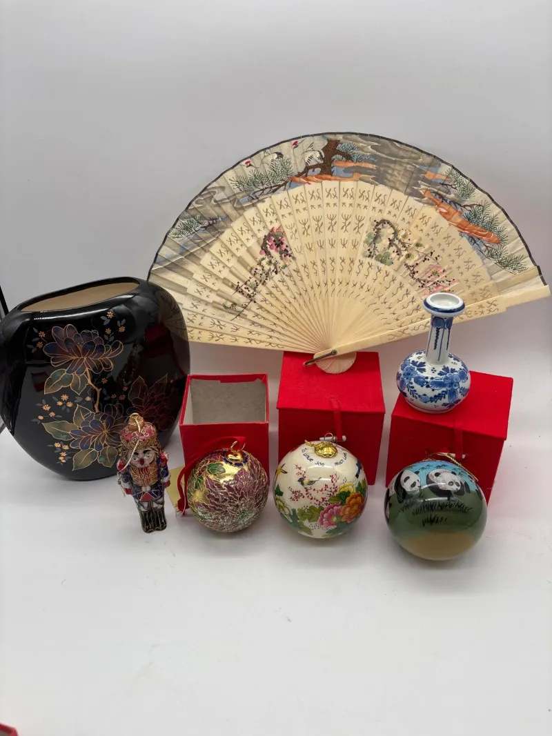 Asian Décor Collection w/ Fan, Vase, Cloisonné & Hand Painted Ornament - Newcastle Estate Collection - STERLING SILVER, GOLD TEETH, Antiques & Collectibles | Ocean Bid Auction