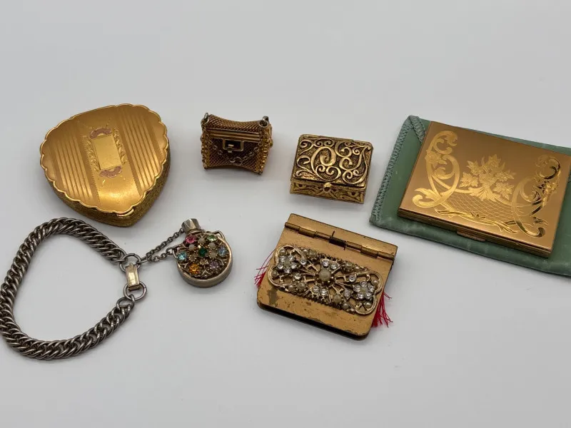 Vintage Vanity Treasures: Scent Bottle, Compacts & Accessories - Newcastle Estate Collection - STERLING SILVER, GOLD TEETH, Antiques & Collectibles | Ocean Bid Auction