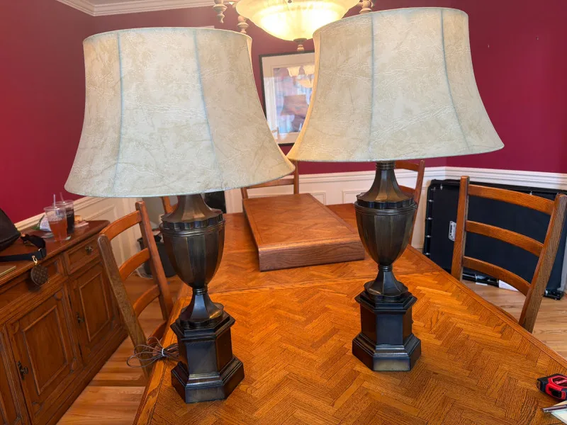 Pair of Black Urn-Base Table Lamps w/ Fabric Shades - Newcastle Estate Collection - STERLING SILVER, GOLD TEETH, Antiques & Collectibles | Ocean Bid Auction