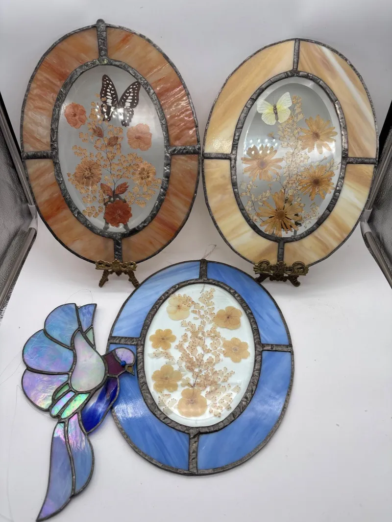 Stained Glass Pressed Flower Panels & Butterfly Set (4 pieces) - Newcastle Estate Collection - STERLING SILVER, GOLD TEETH, Antiques & Collectibles | Ocean Bid Auction