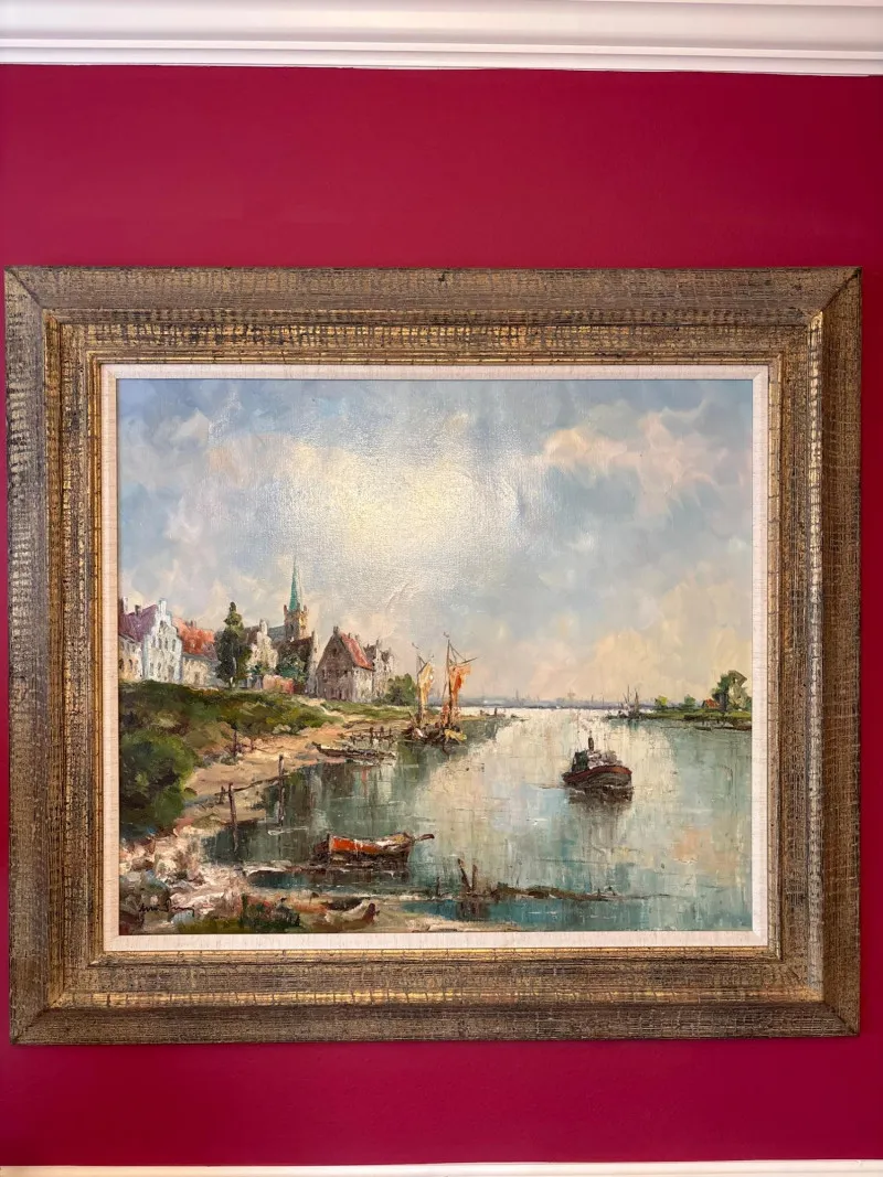 Signed Harbor Landscape Oil Painting – Coastal Village & Boats - Newcastle Estate Collection - STERLING SILVER, GOLD TEETH, Antiques & Collectibles | Ocean Bid Auction