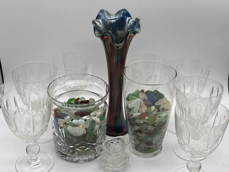 Carnival Glass Vase, Sea Glass Vases & 7 Royal Brierley Glasses - Newcastle Estate Collection - STERLING SILVER, GOLD TEETH, Antiques & Collectibles | Ocean Bid Auction