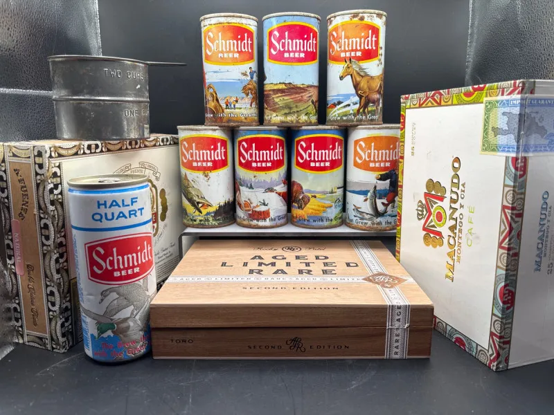 Vintage Schmidt Beer Can Lot Cigar Boxes Decor Man Cave - Collector’s Dream Auction – Lladro, Murano, Coastal Decor-Anacortes and Sequim pick-ups | Ocean Bid Auction
