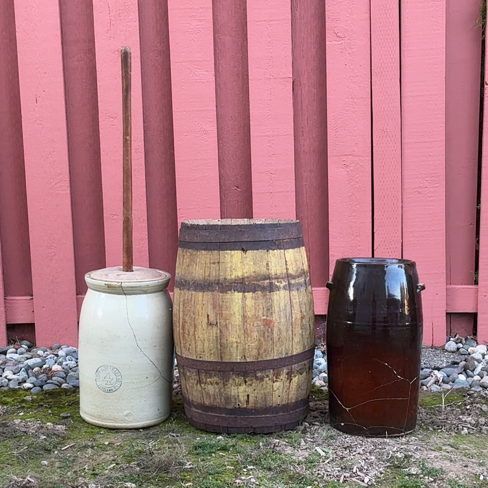 Stoneware Butter Churn, Wood Barrel & Pottery Crock