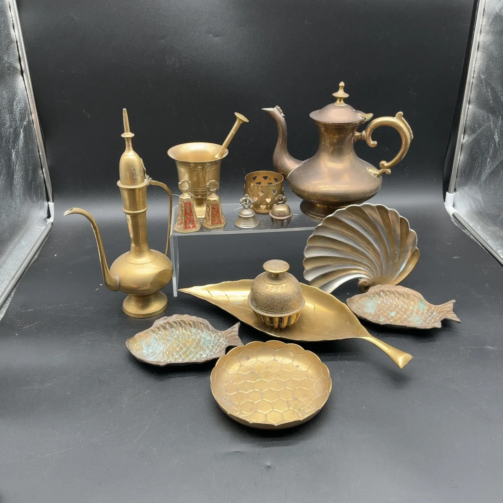 Brass Tone Metalware Lot with Ewers Fish and Trays