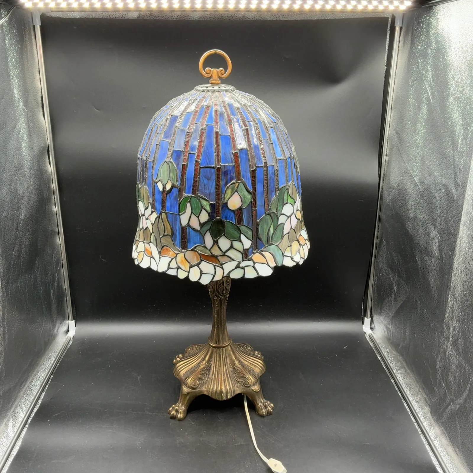 Floral Stained Glass Lamp with Ornate Metal Base