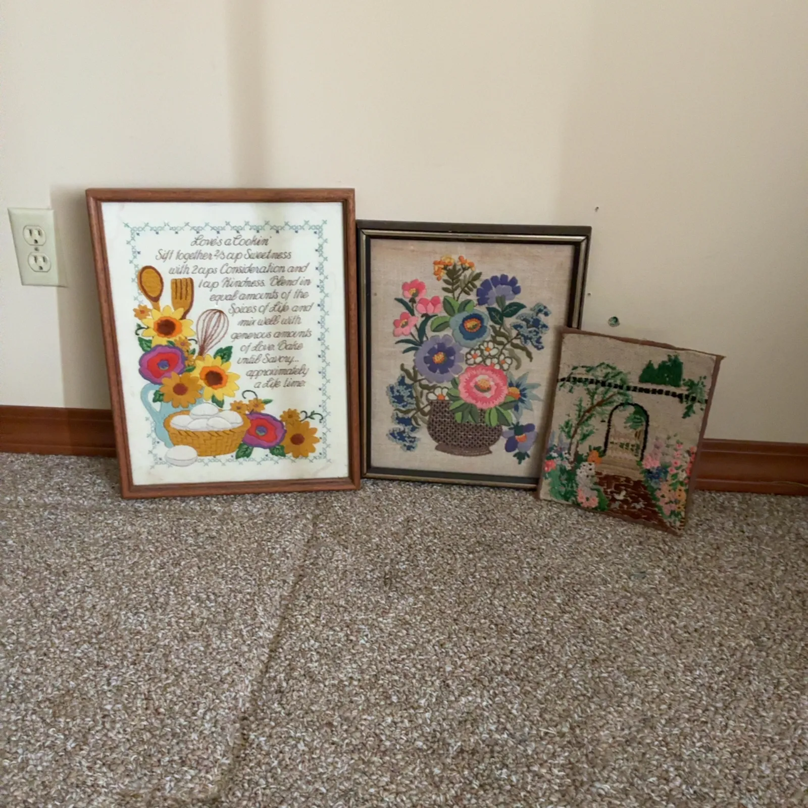 Vintage Floral Needlework Wall Art Trio