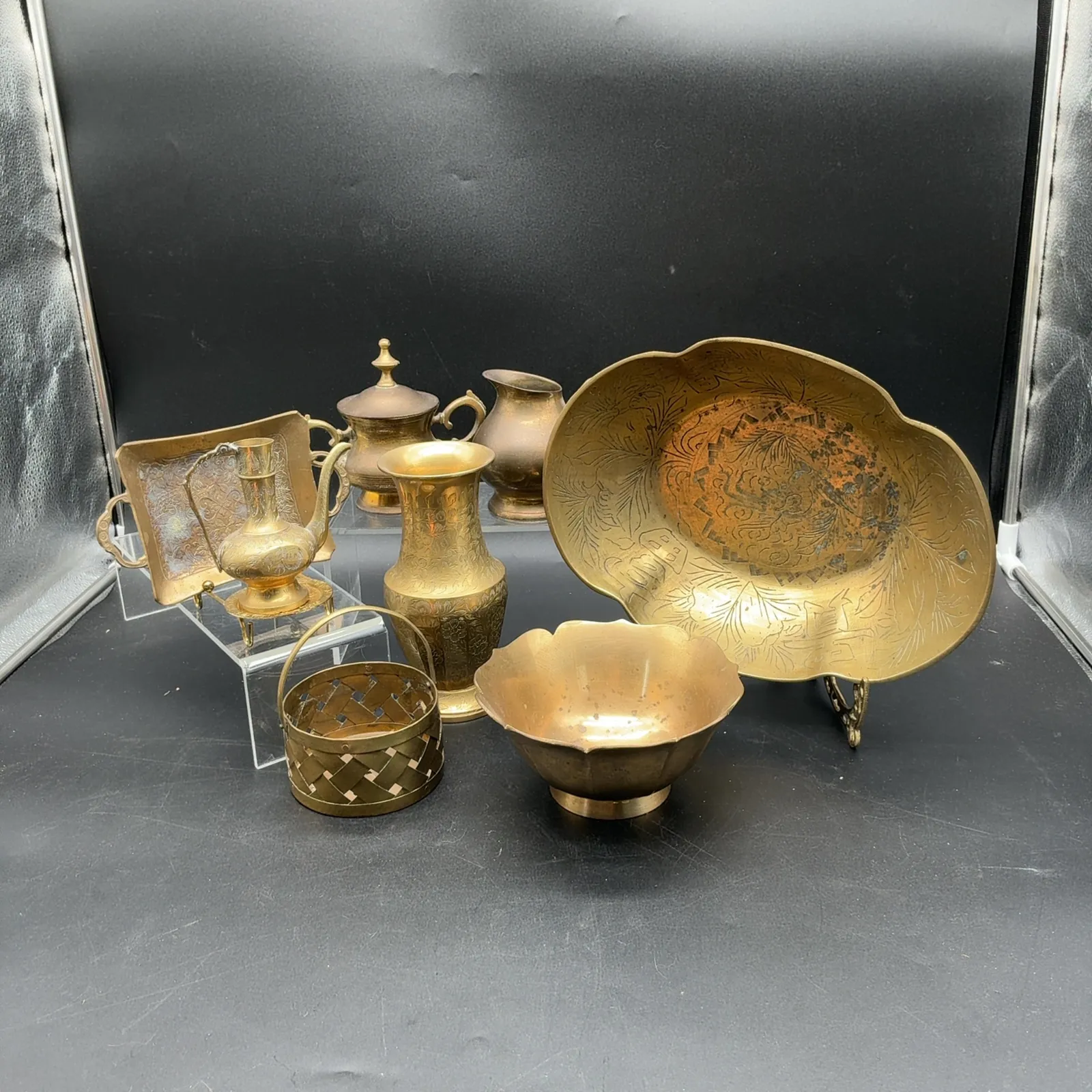Engraved Brass-Tone Decorative Metalware Lot