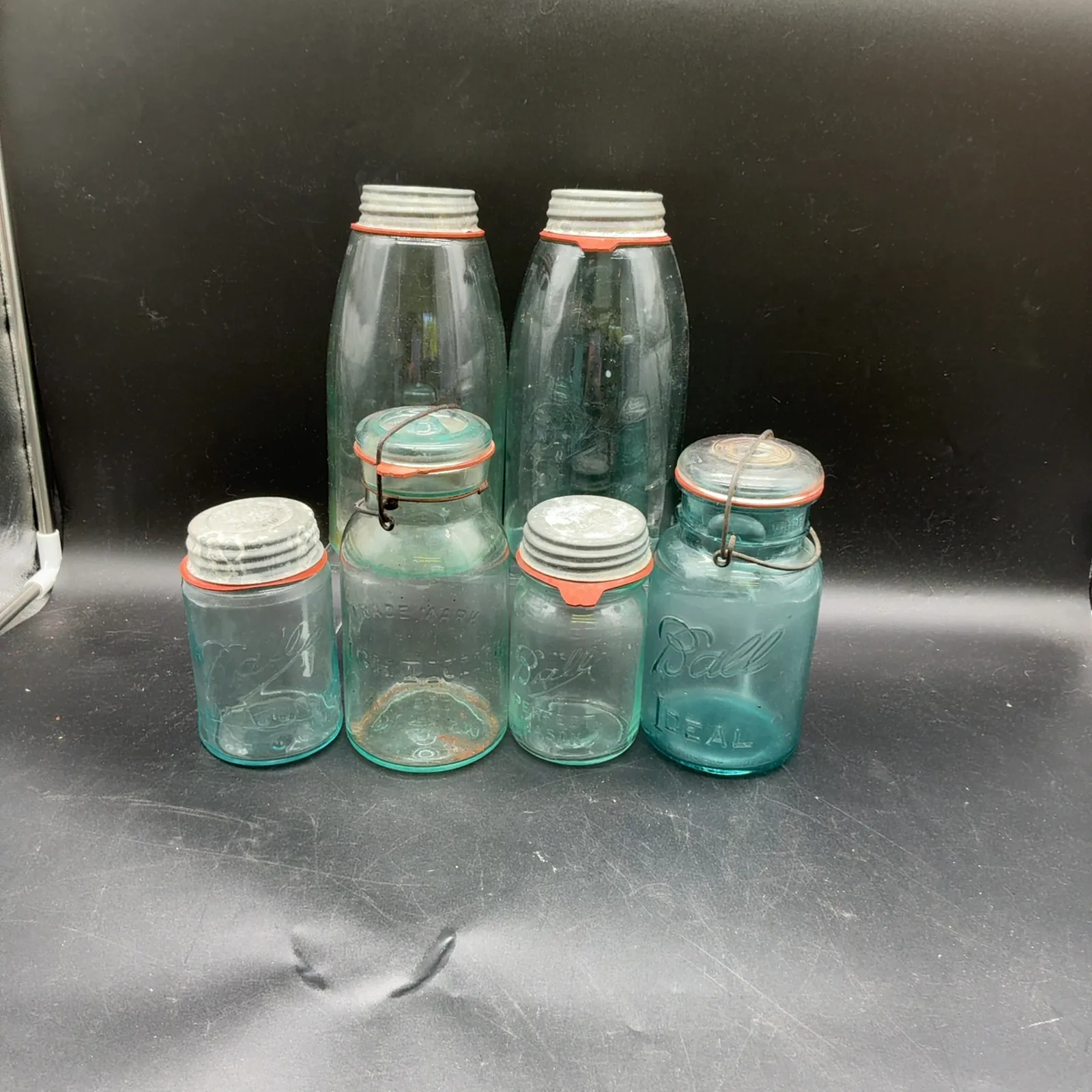 6 Vintage Ball Blue Glass Canning Jars With Lids