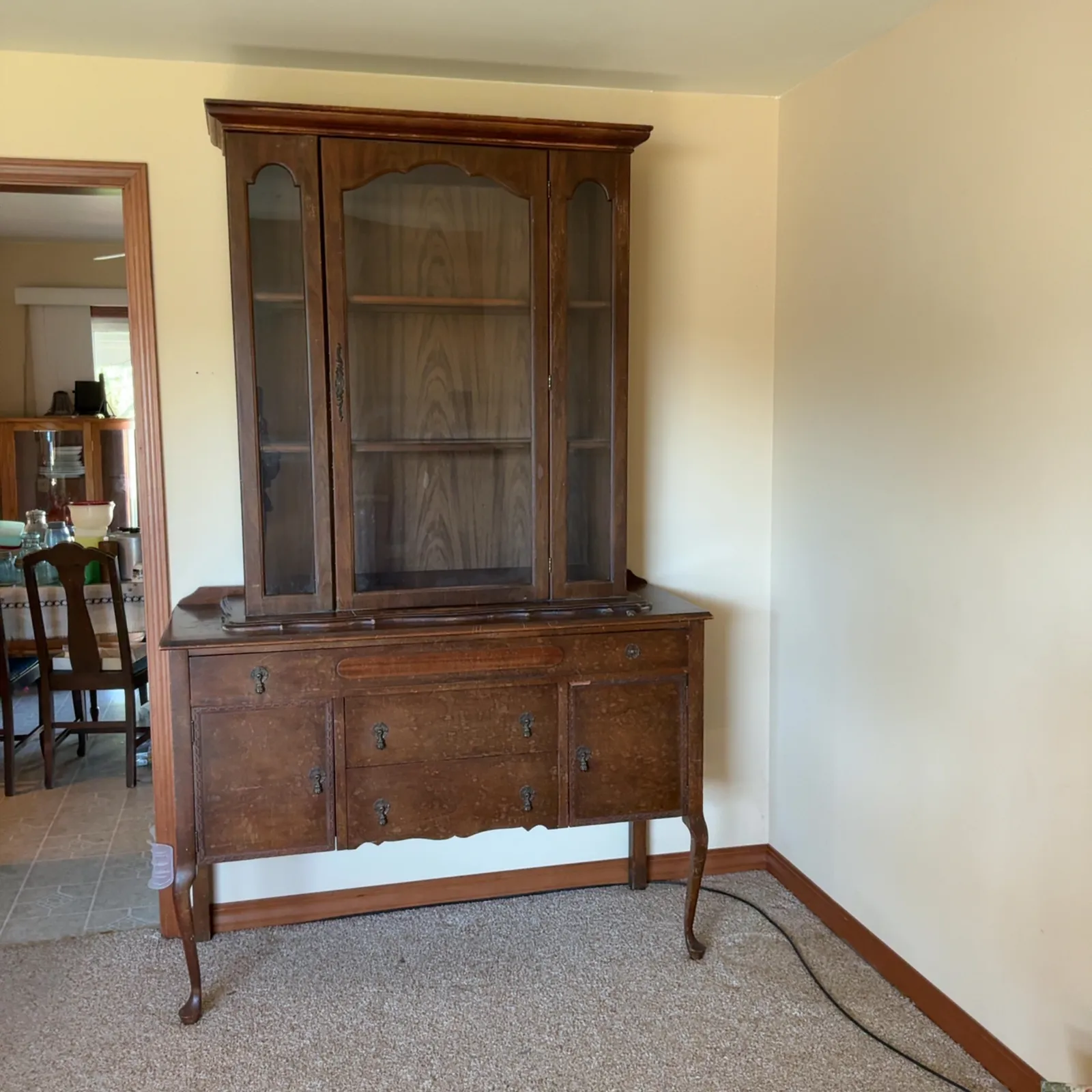 Vintage Two-Piece Glass-Front Wood China Cabinet