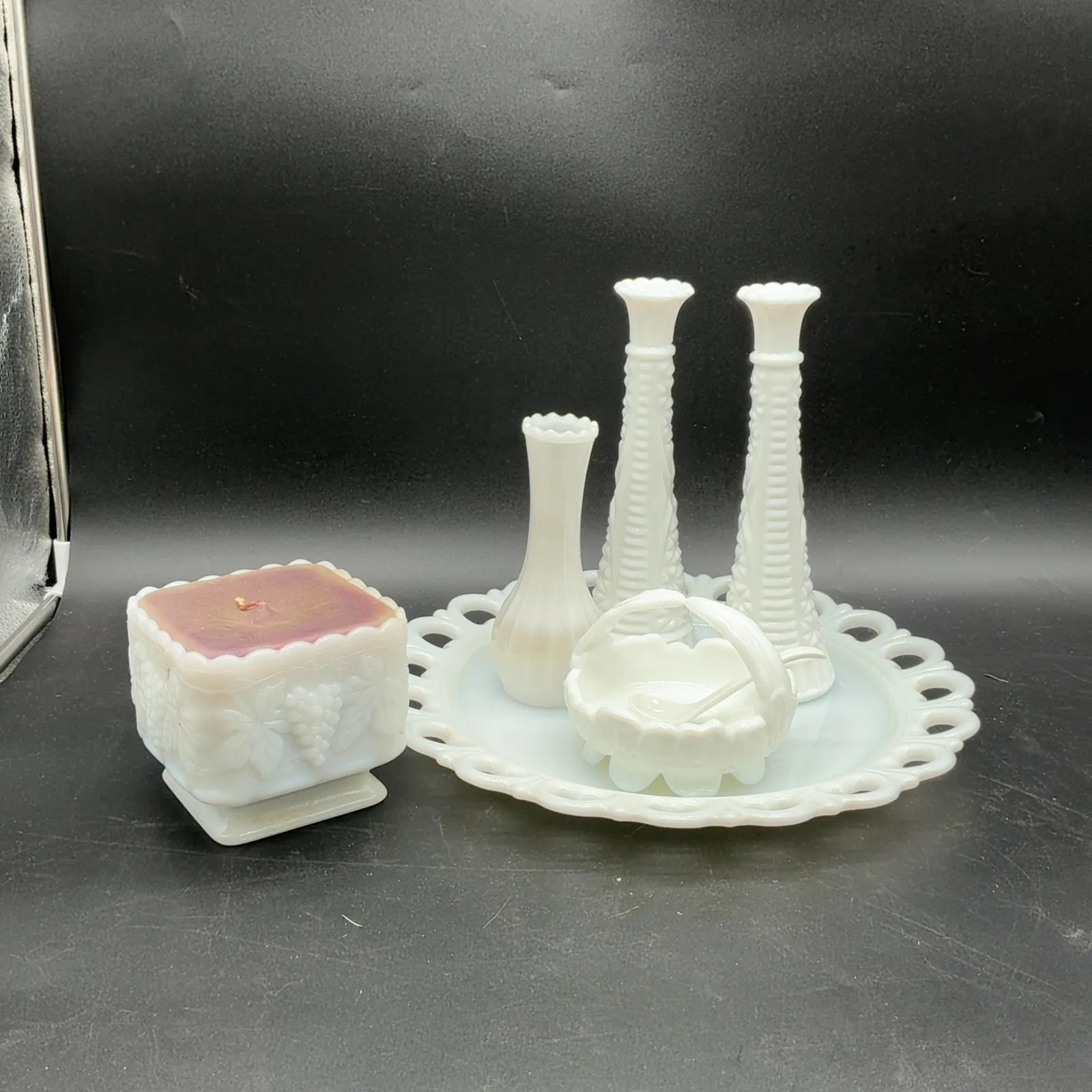 Vintage Milk Glass Vases Tray Basket Candle Lot