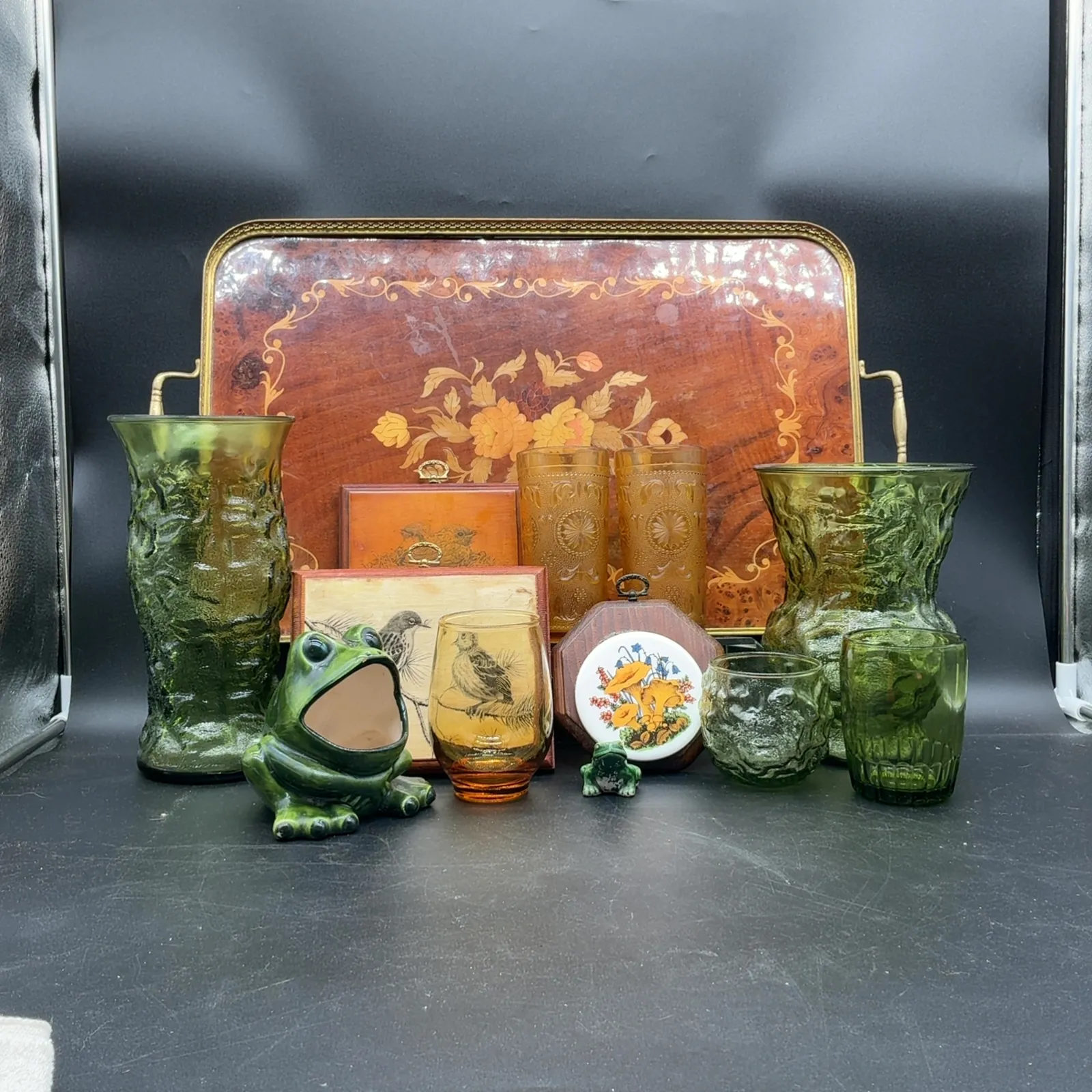 Green Glass Vases, Frog Planter & Decor Lot