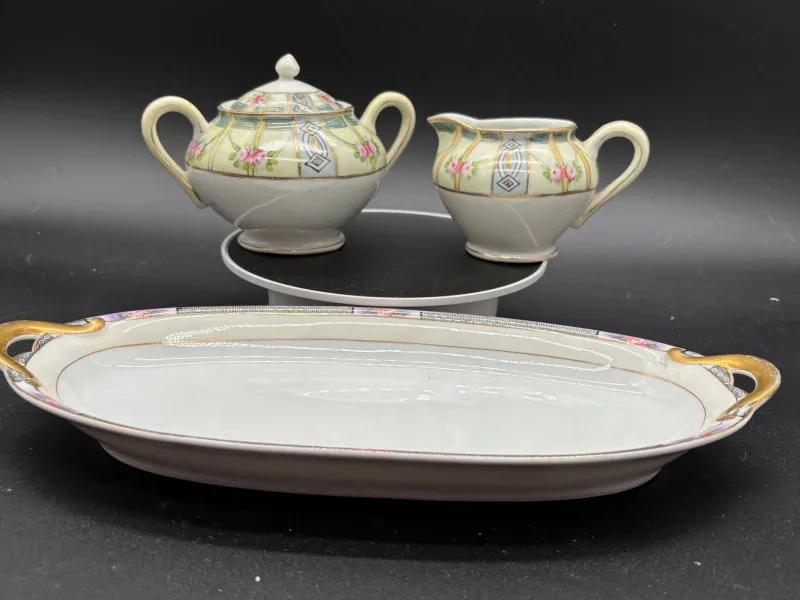 🌸 Morimura Tray & Nippon Sugar and Creamer Set – Elegant Vintage Trio - Mixed Treasures Auction | Ocean Bid Auction