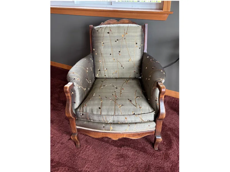 Vintage Upholstered Walnut Armchair Floral Accent Chair - Anacortes Estate Auction – Sterling Silver, Jewelry & Incredible Finds | Ocean Bid Auction