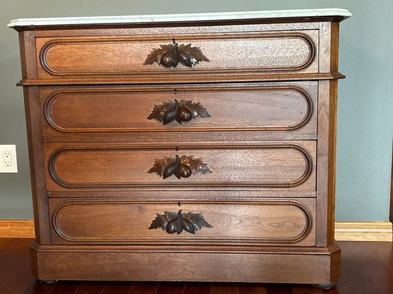 Antique Marble Top Walnut Dresser with Carved Acorn Pulls - Anacortes Estate Auction – Sterling Silver, Jewelry & Incredible Finds | Ocean Bid Auction