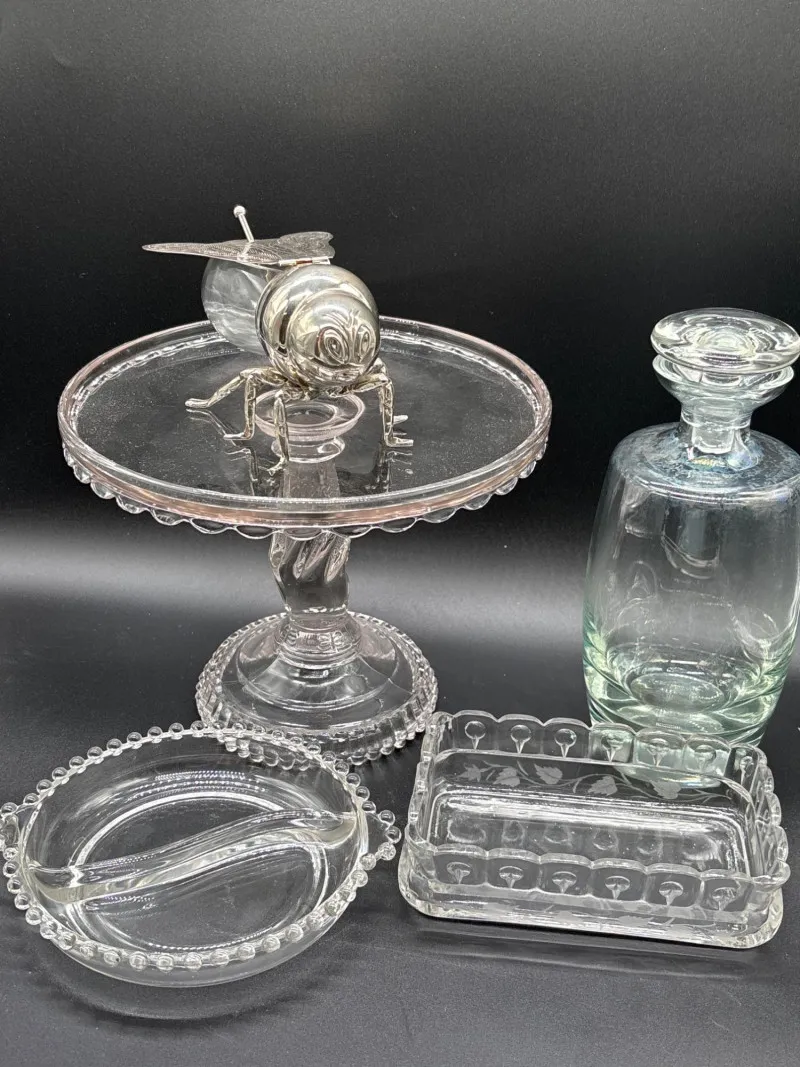 Vintage Glass Serving Lot Pedestal Stand Bee Honey Pot & Decanter - Anacortes Estate Auction – Sterling Silver, Jewelry & Incredible Finds | Ocean Bid Auction