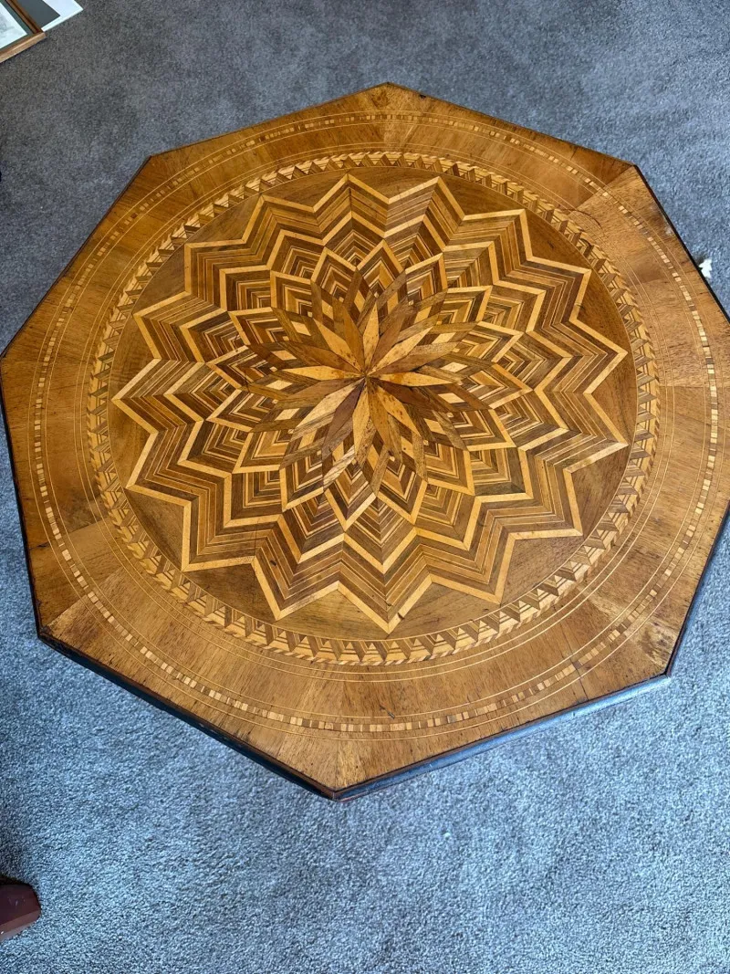 Inlaid Marquetry Accent Table with Geometric Starburst Top - Anacortes Estate Auction – Sterling Silver, Jewelry & Incredible Finds | Ocean Bid Auction