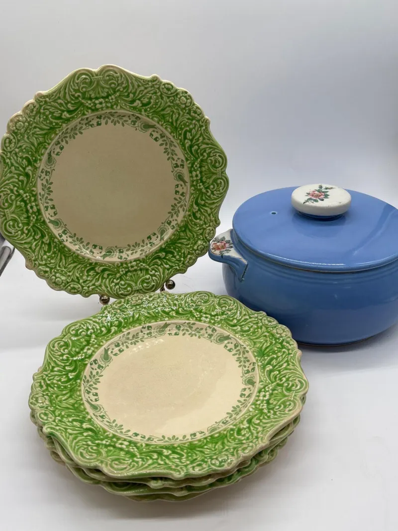 Old Bristol England Green Transferware Plates & Hall's Blue Covered Ca - Anacortes Estate Auction – Sterling Silver, Jewelry & Incredible Finds | Ocean Bid Auction