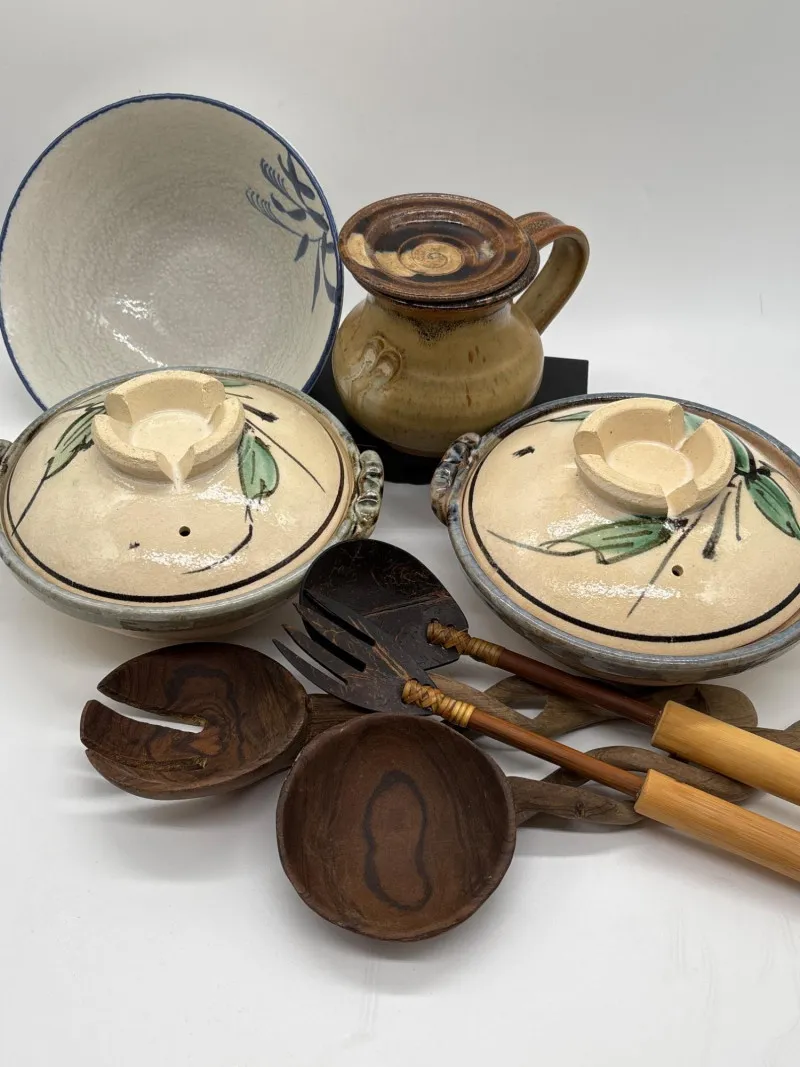 Studio Pottery Serving Bowls, Rustic Stoneware & Wooden Salad Serving - Anacortes Estate Auction – Sterling Silver, Jewelry & Incredible Finds | Ocean Bid Auction