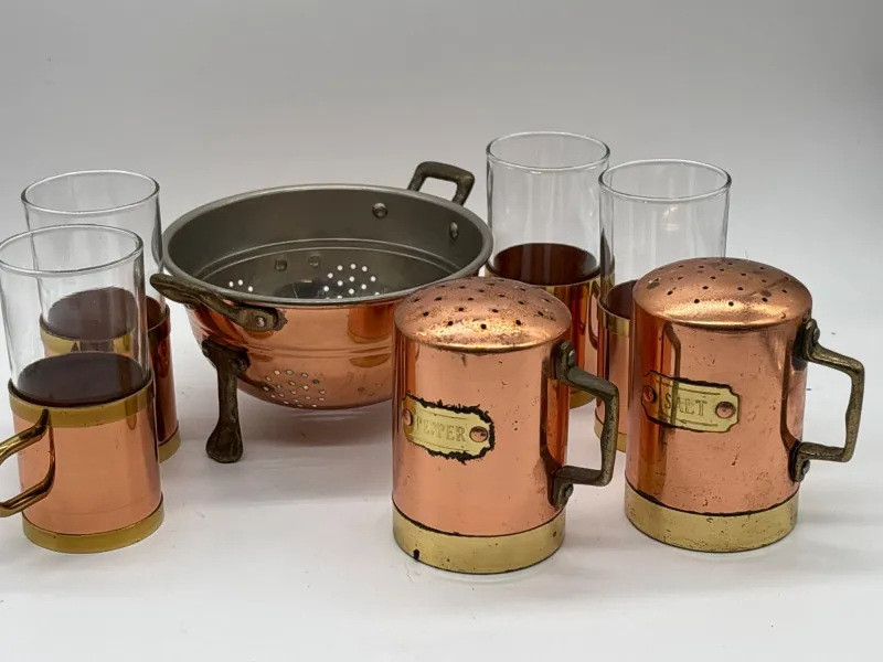 Vintage Copper-Tone Kitchen Lot Glasses, Colander & S&P Shakers Set - Anacortes Estate Auction – Sterling Silver, Jewelry & Incredible Finds | Ocean Bid Auction
