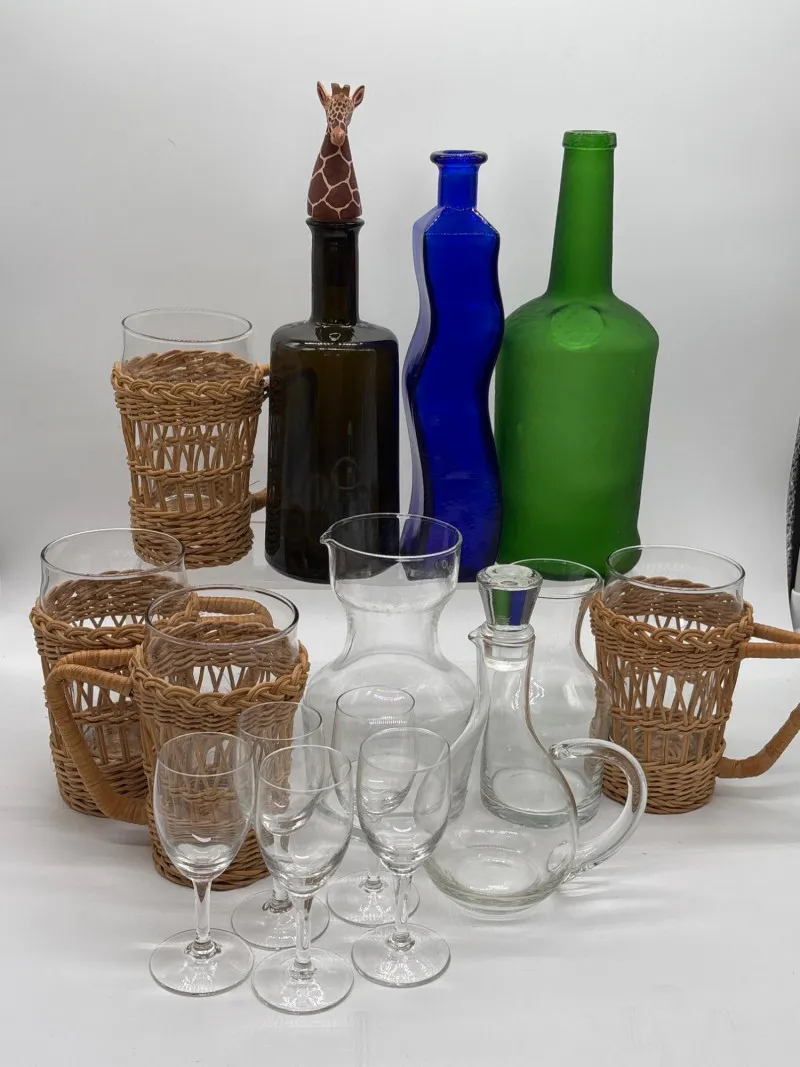 Vintage Art Glass Bottles, Carafes & Wicker Wine Glass Collection - Anacortes Estate Auction – Sterling Silver, Jewelry & Incredible Finds | Ocean Bid Auction