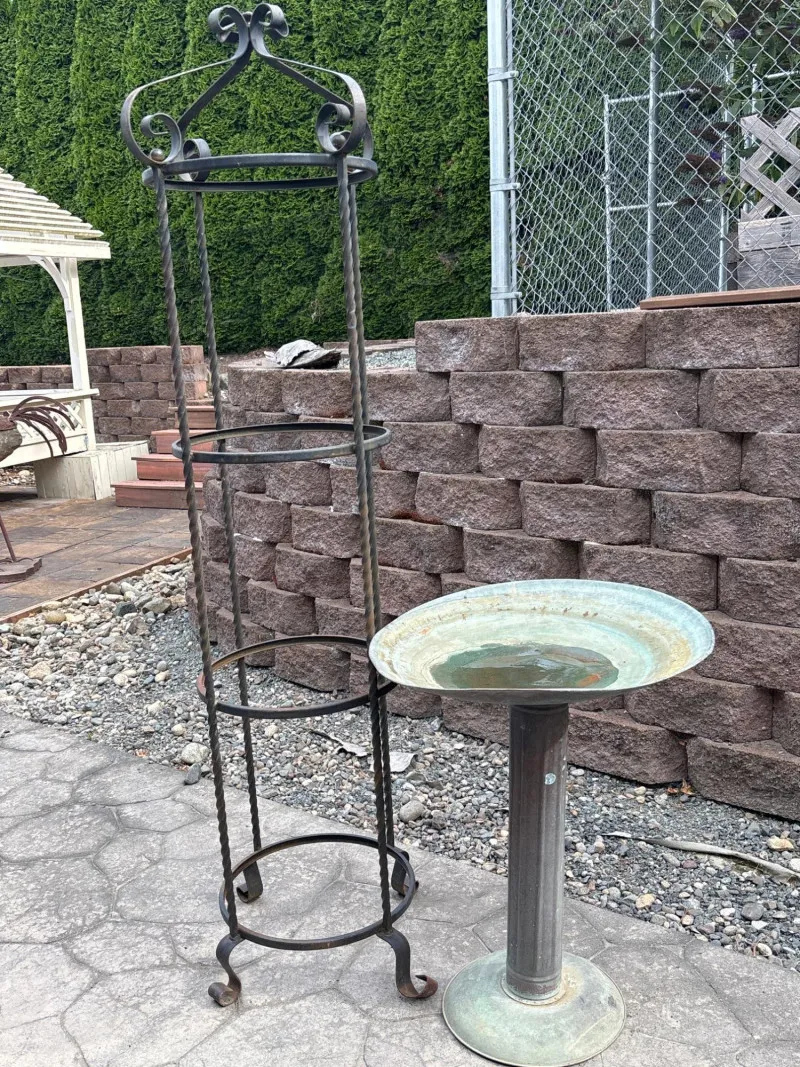 Wrought Iron Plant Stand & Verdigris Metal Birdbath Garden Accent Pair - Anacortes Estate Auction – Sterling Silver, Jewelry & Incredible Finds | Ocean Bid Auction