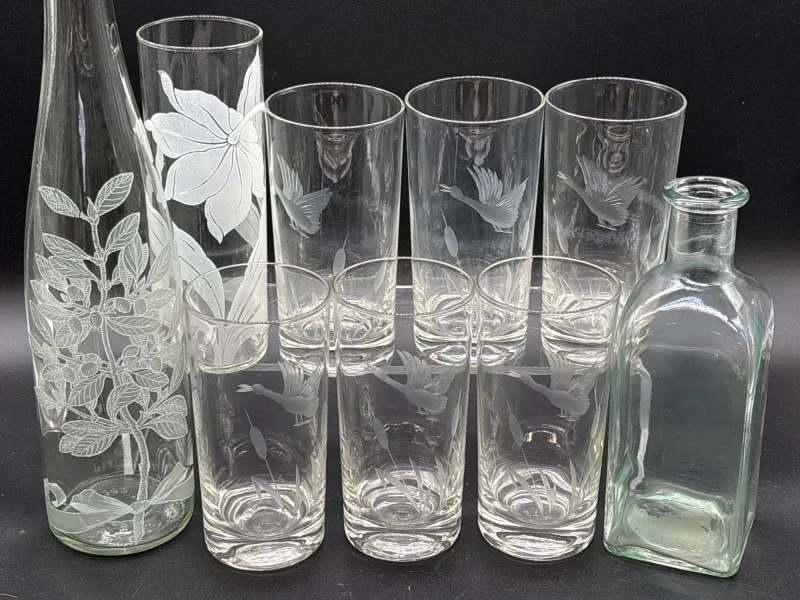 Etched Glassware Collection – Tumblers, Floral Bottle & Vintage Bottle - Anacortes Estate Auction – Sterling Silver, Jewelry & Incredible Finds | Ocean Bid Auction