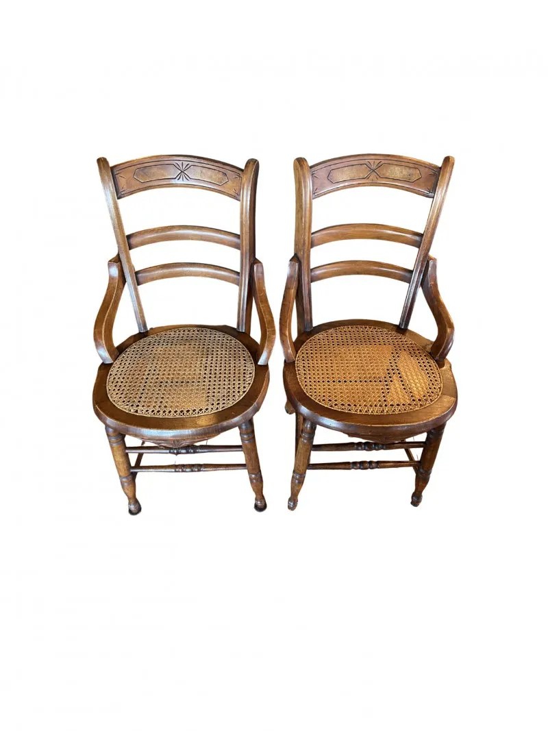 Pair Vintage Cane Seat Walnut Armchairs with Carved Ladder Backs - Anacortes Estate Auction – Sterling Silver, Jewelry & Incredible Finds | Ocean Bid Auction
