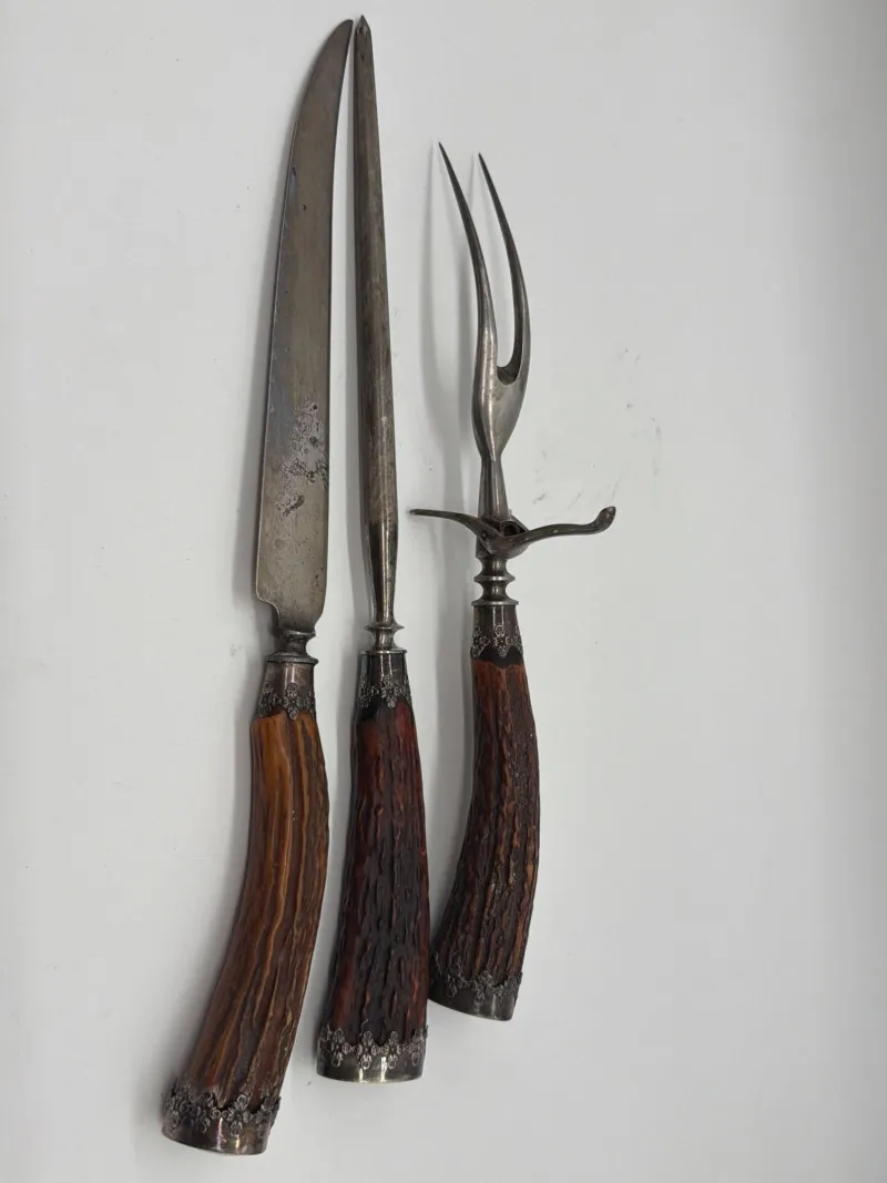 Vintage Stag Horn Carving Set with Silver Trim