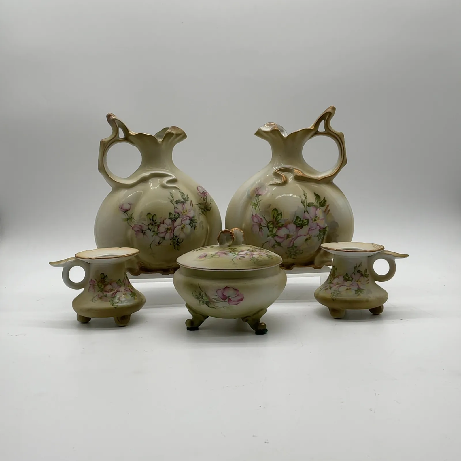 Nippon Hand-Painted Floral Porcelain Vanity Set