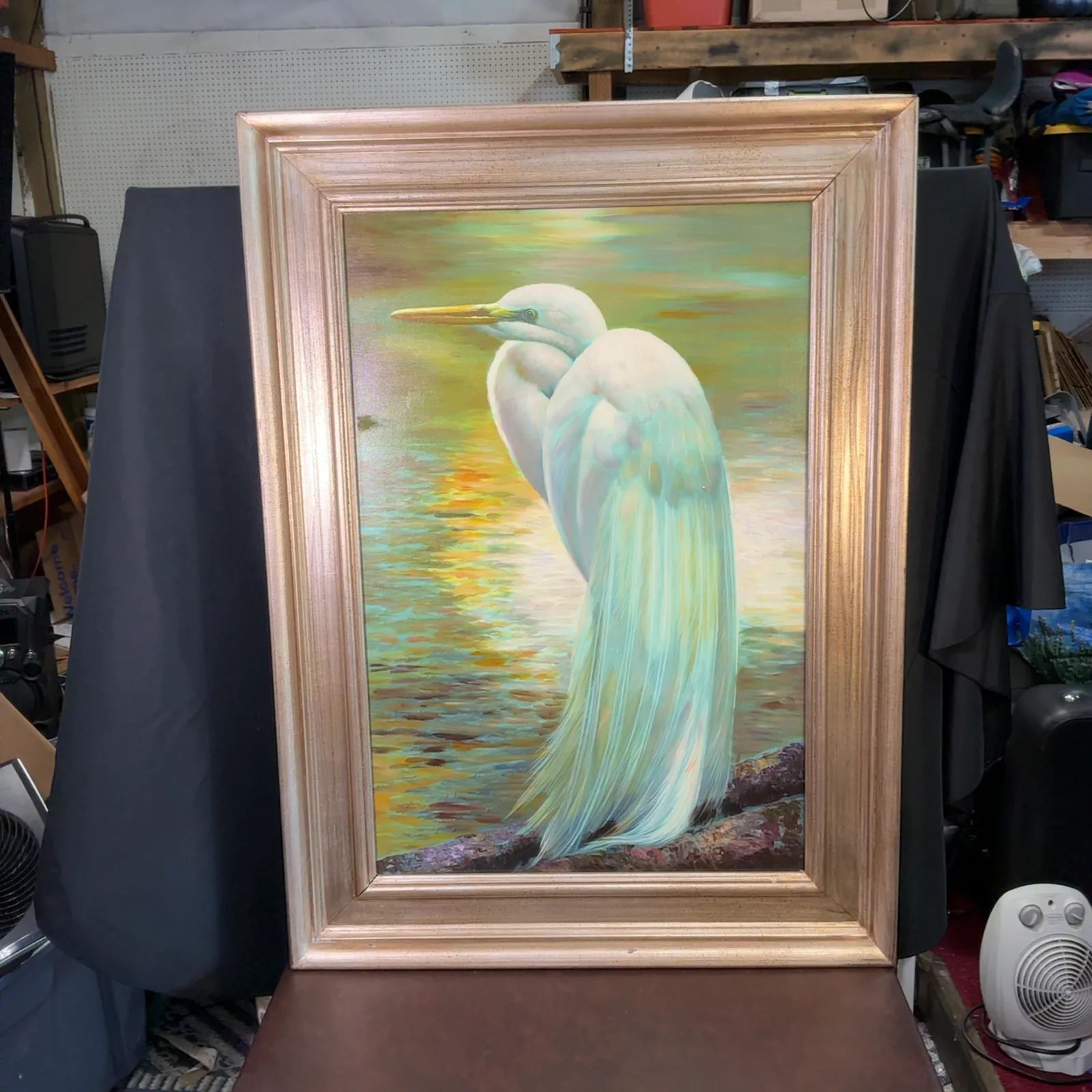 Framed White Egret Bird Painting 33 x 45 In