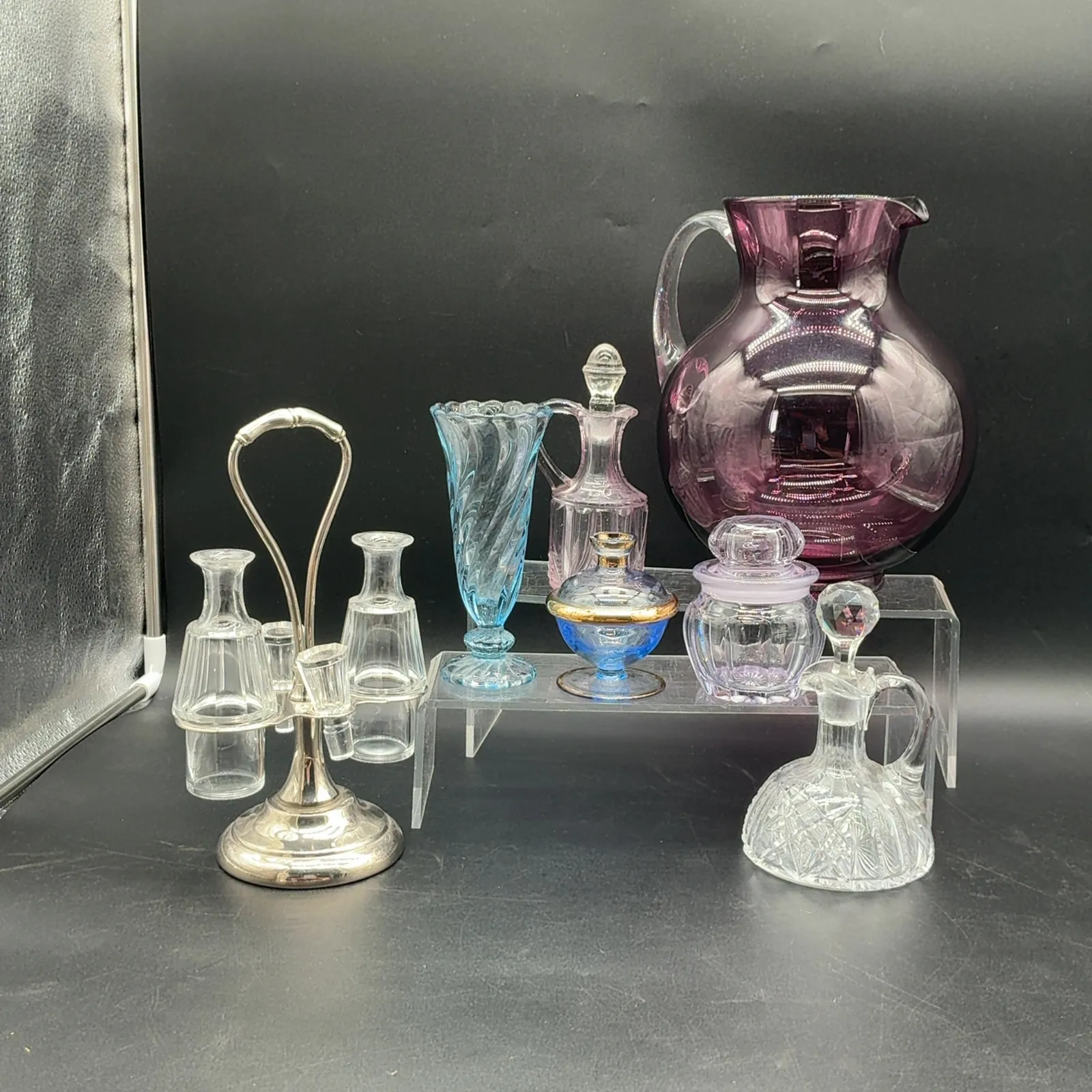 Colored Glass Pitcher Cruets Vase & Caster Set