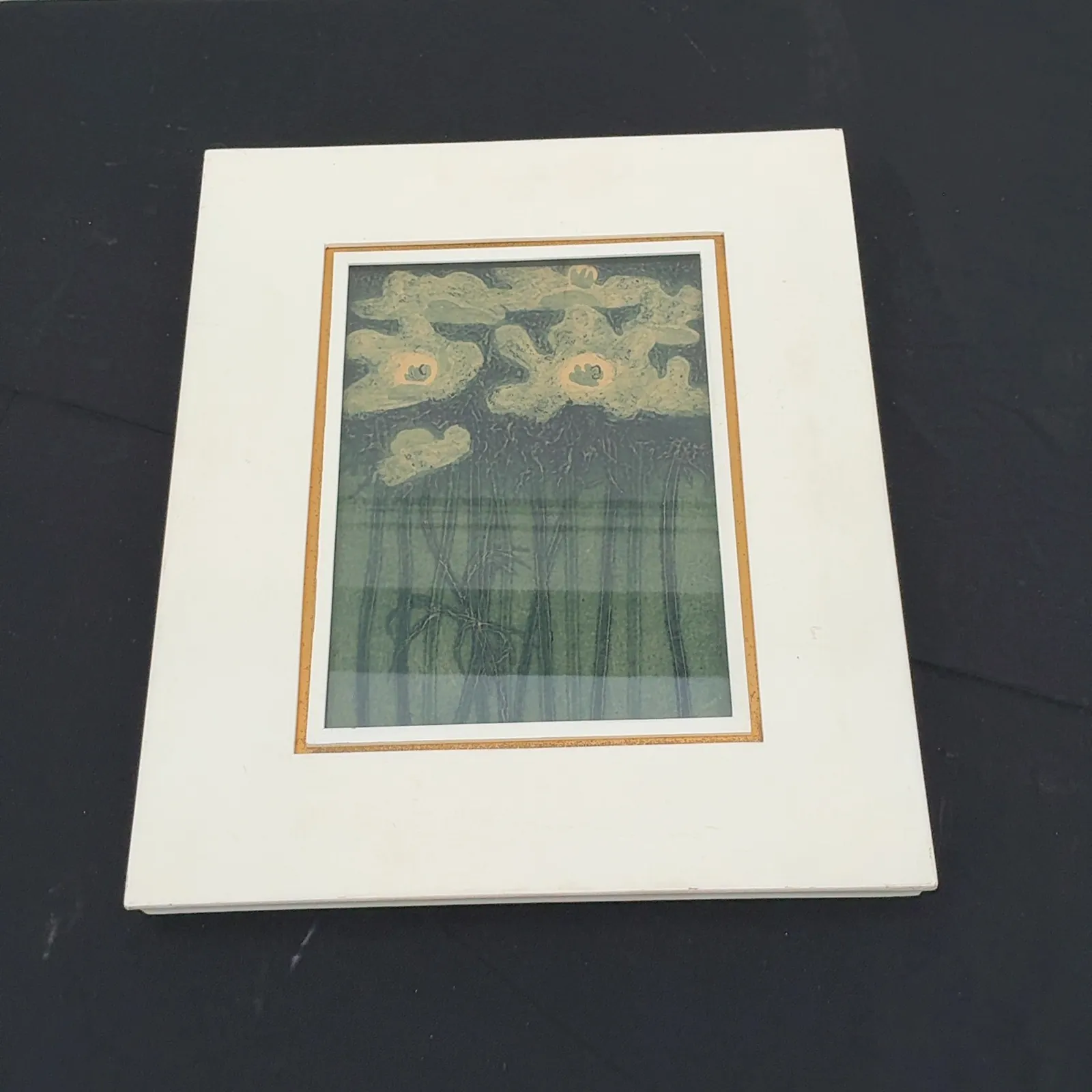 Matted Abstract Landscape Art Green Blue 15 x 19