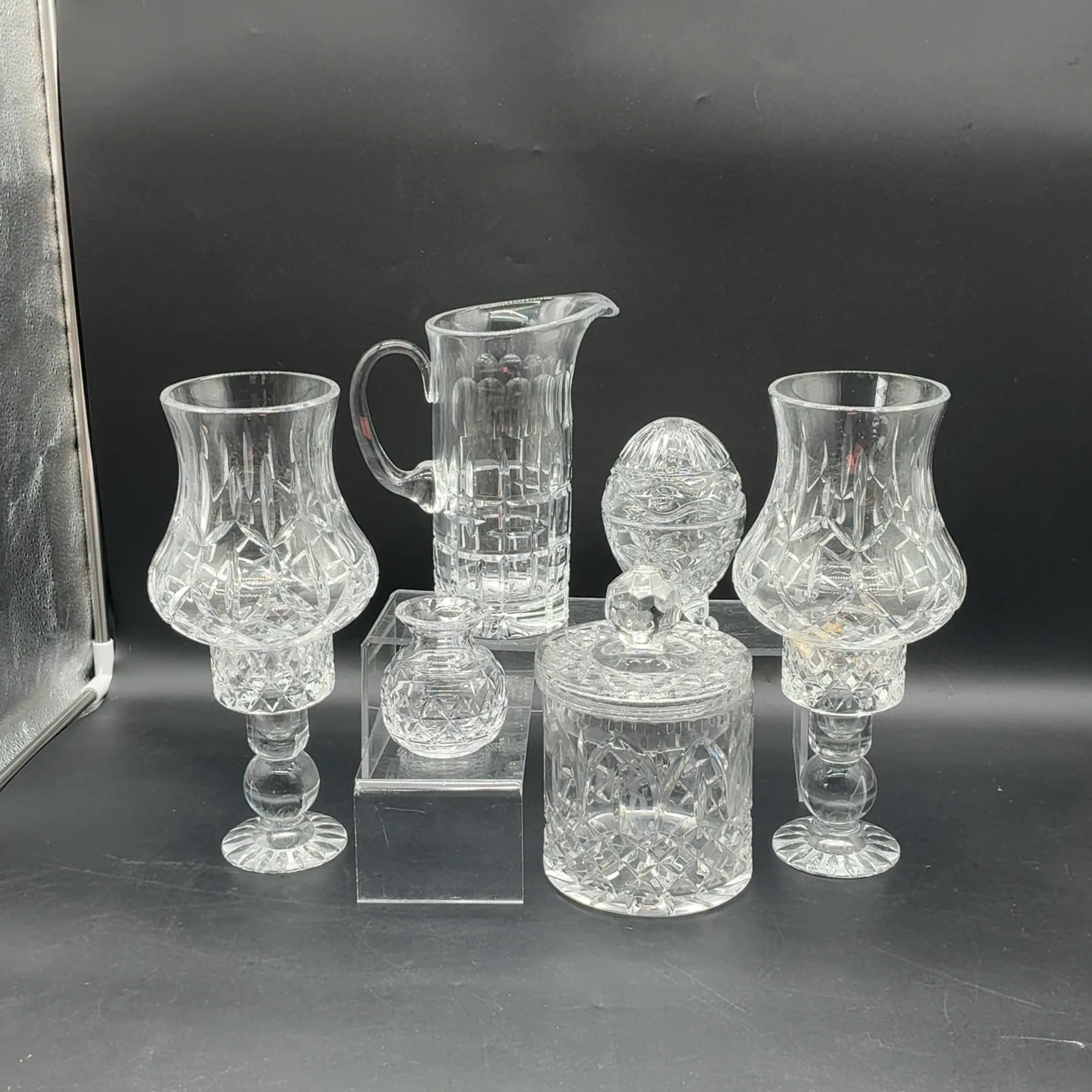 6-Piece Cut-Pattern Glass and Hurricane Candleholder Lot