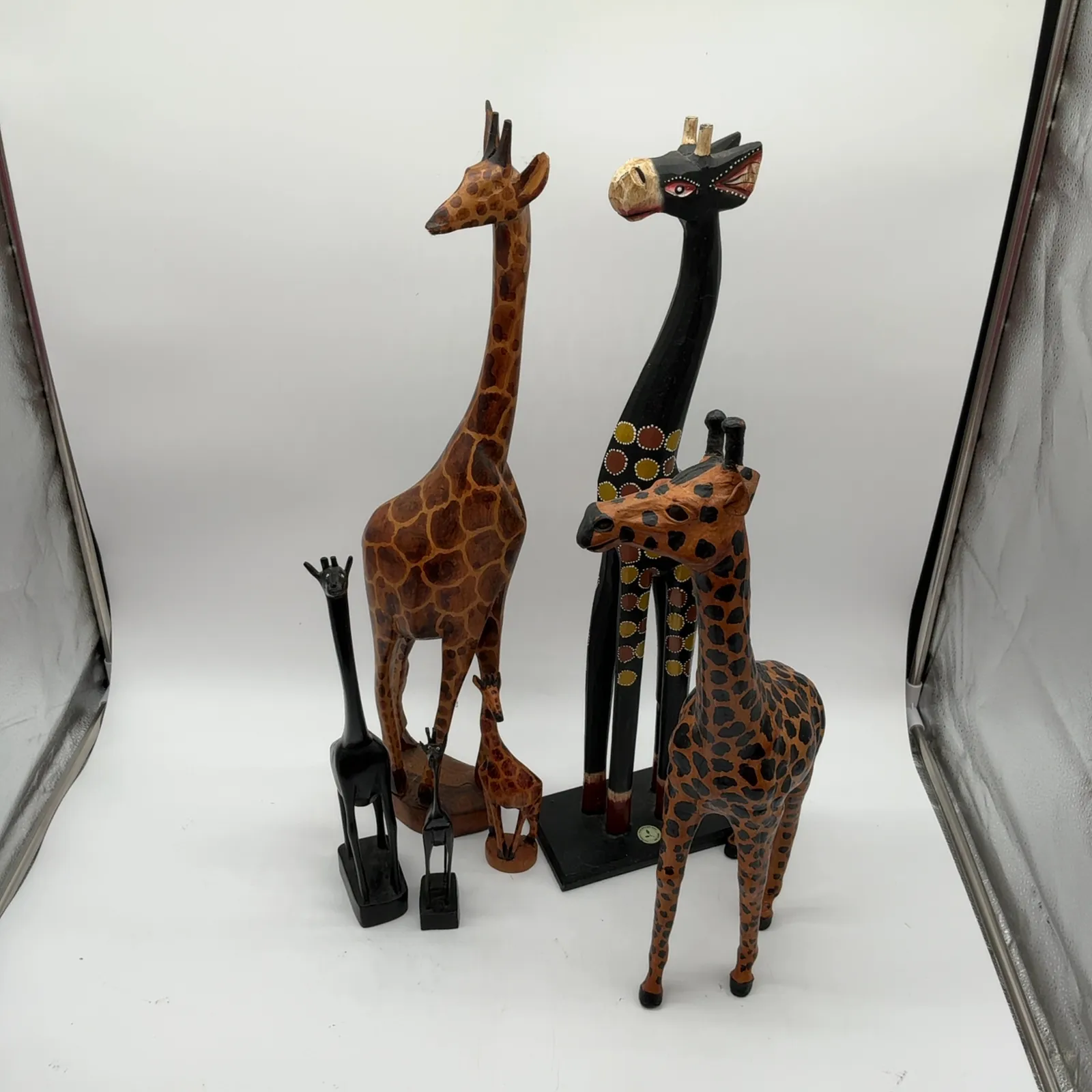 Six Carved Wood Giraffe Figures Folk Art Decor