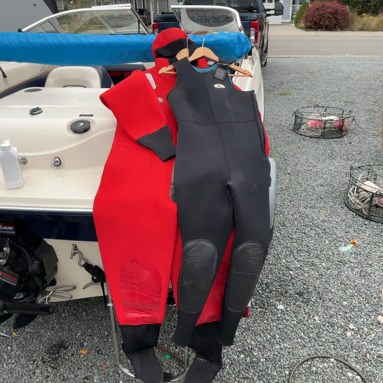 Red Full Wetsuit and Black Long John Diving Suit