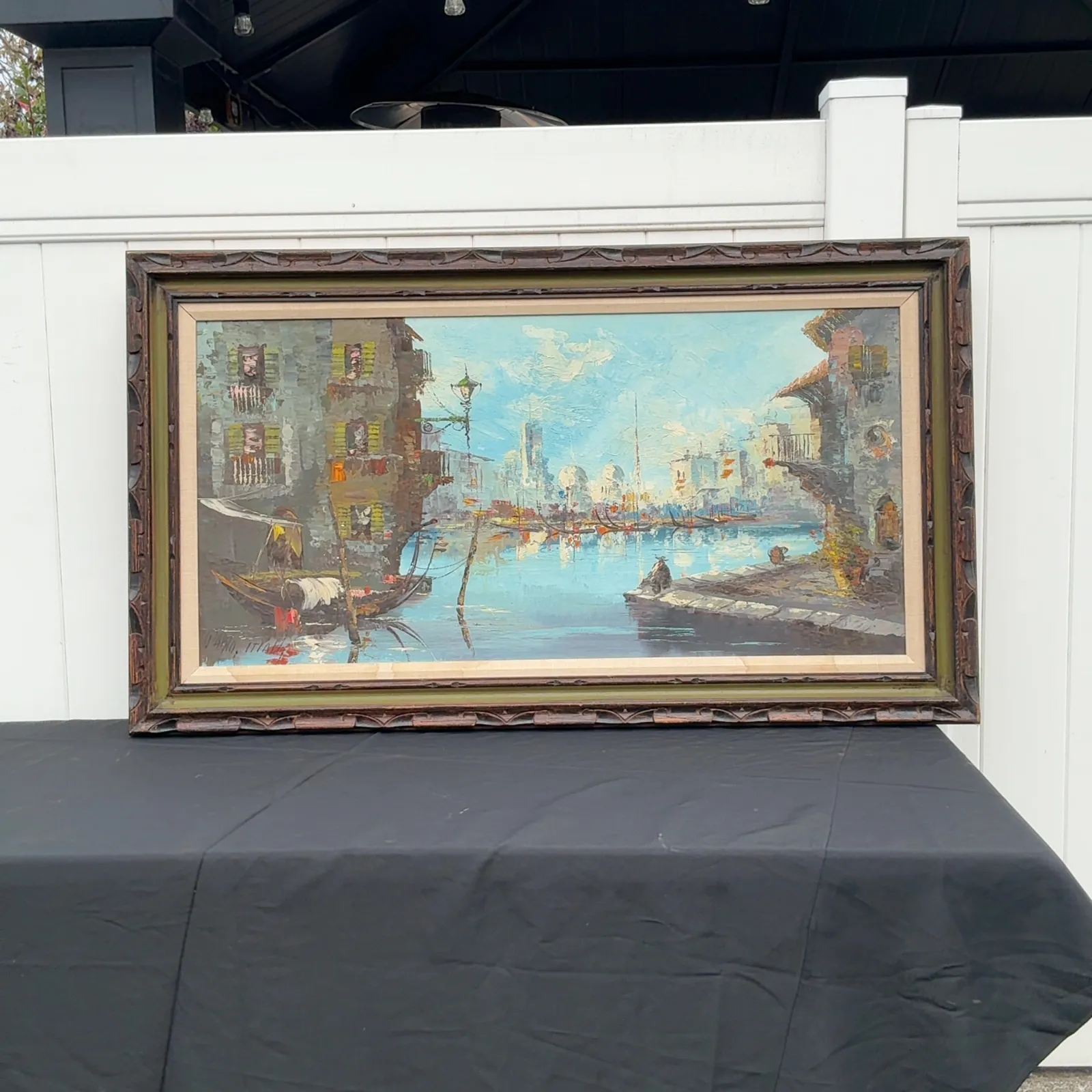 Large Framed Impasto Harbor Painting 56 x 32