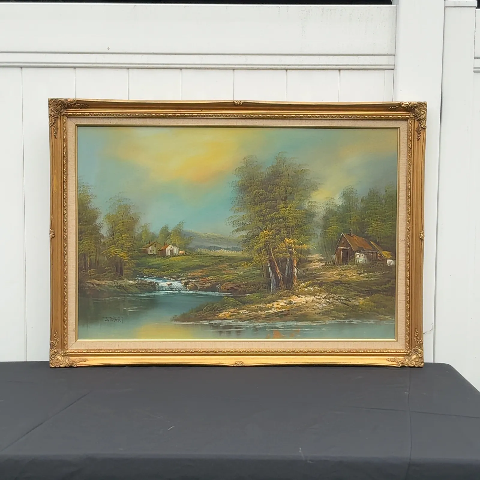 Signed Rural Landscape Painting in Ornate Gold Frame