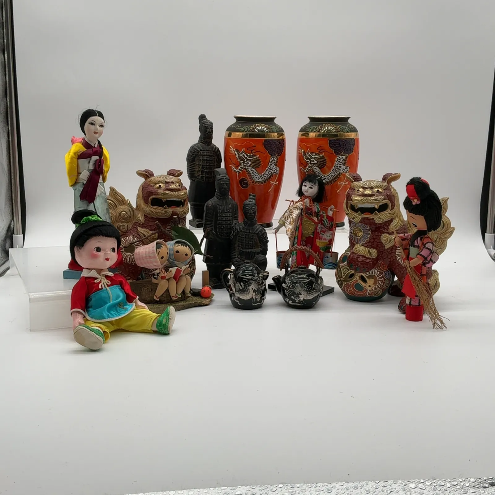 Asian Decor Lot Dolls Guardian Lions Dragon Vases