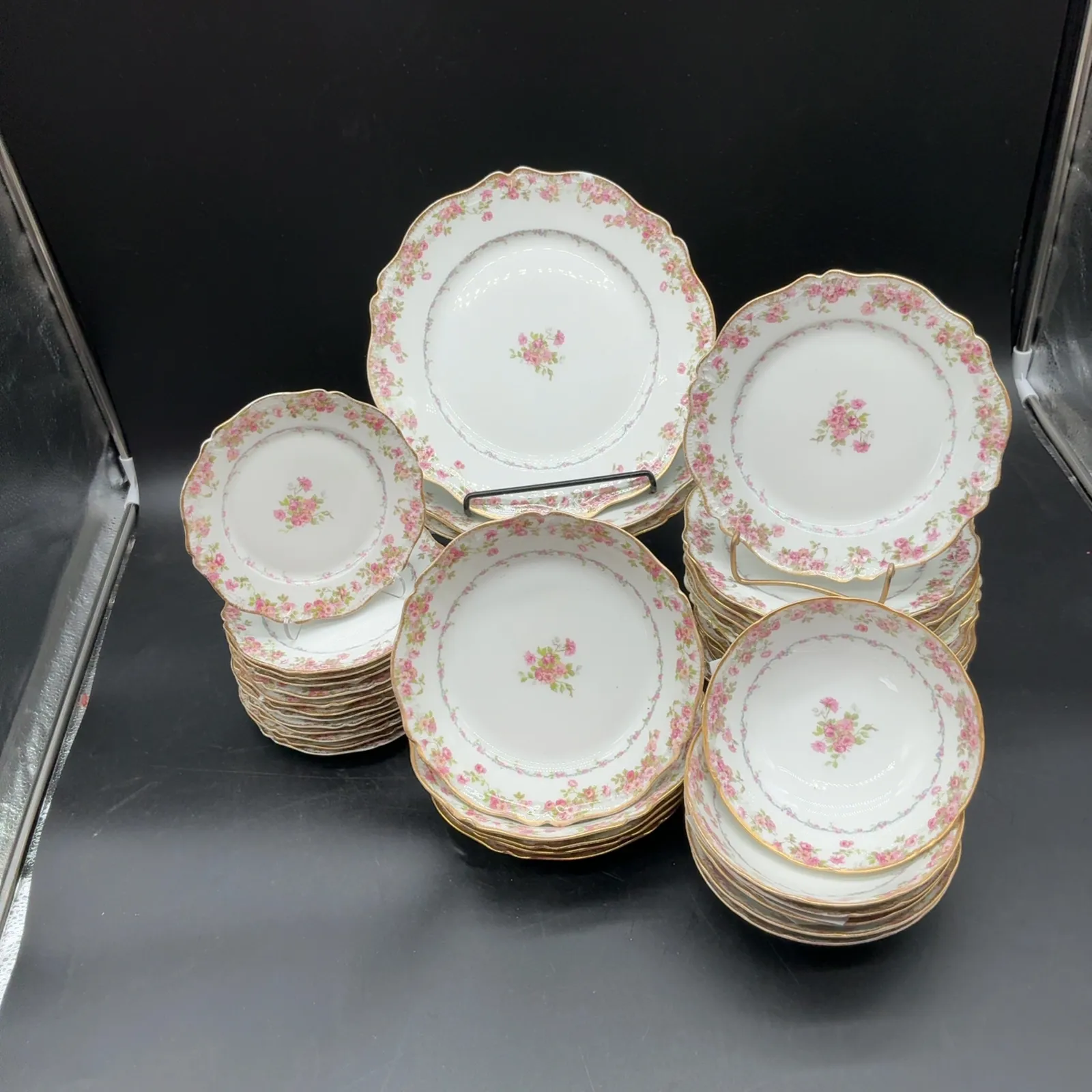 Pink Rose Floral Scalloped China Dinnerware Set