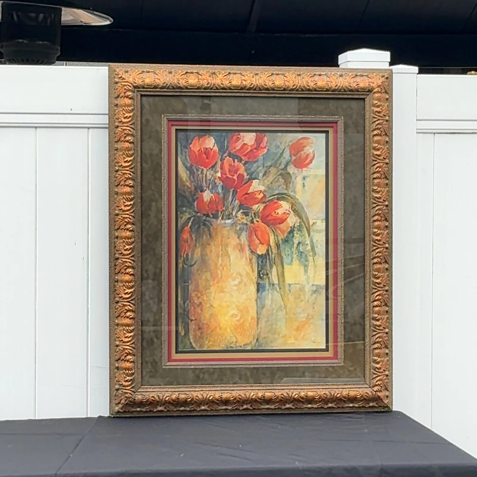 Signed Tulip Still Life in Ornate Floral Frame